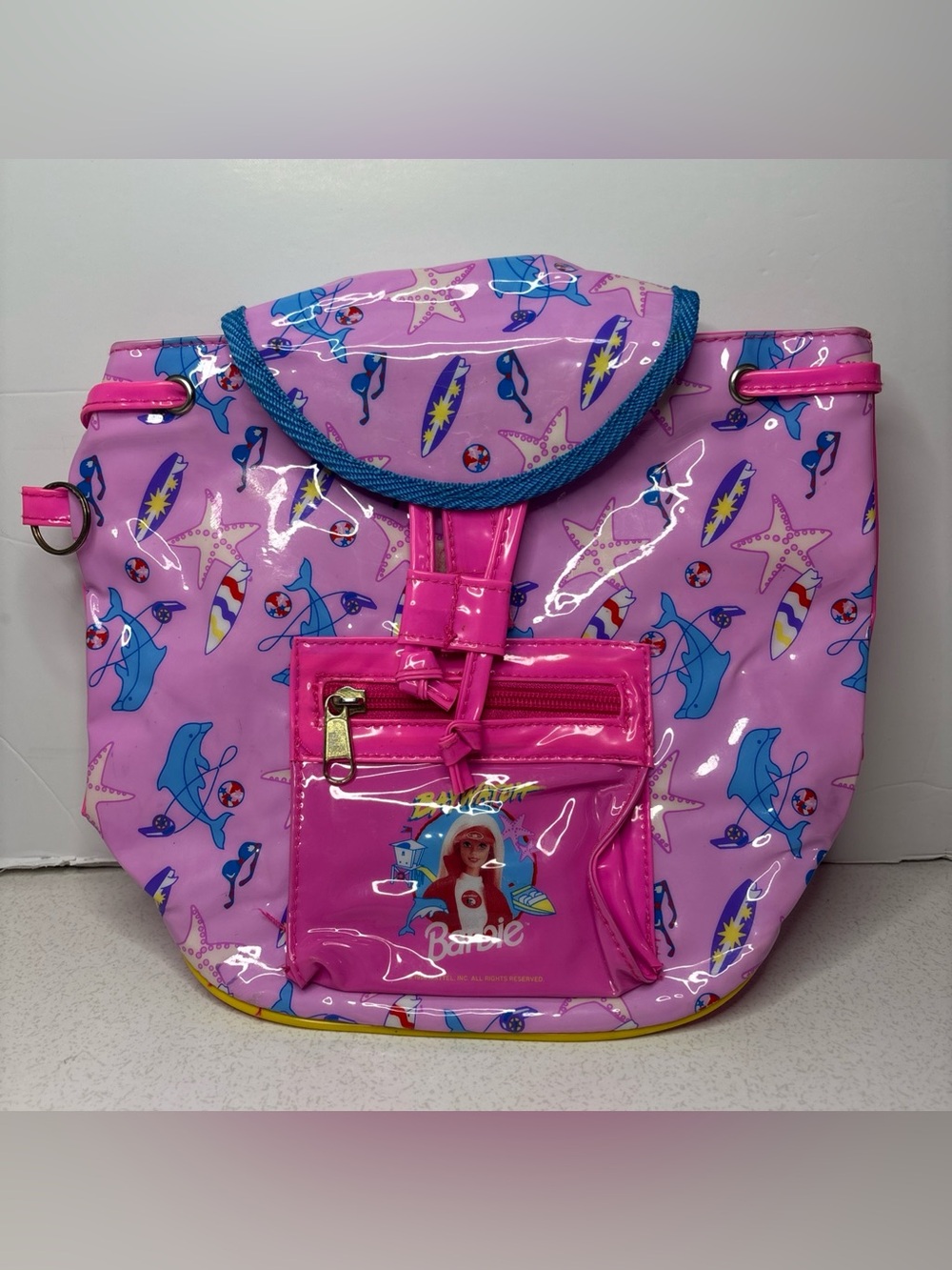 1995 Baywatch Barbie Mini Pink Vinyl Backpack Travel Kids Tote Bag Vintage Rare